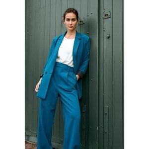 NWT KAFFE Kasolvej Teal Legion Blue High-Waisted Wide Pants